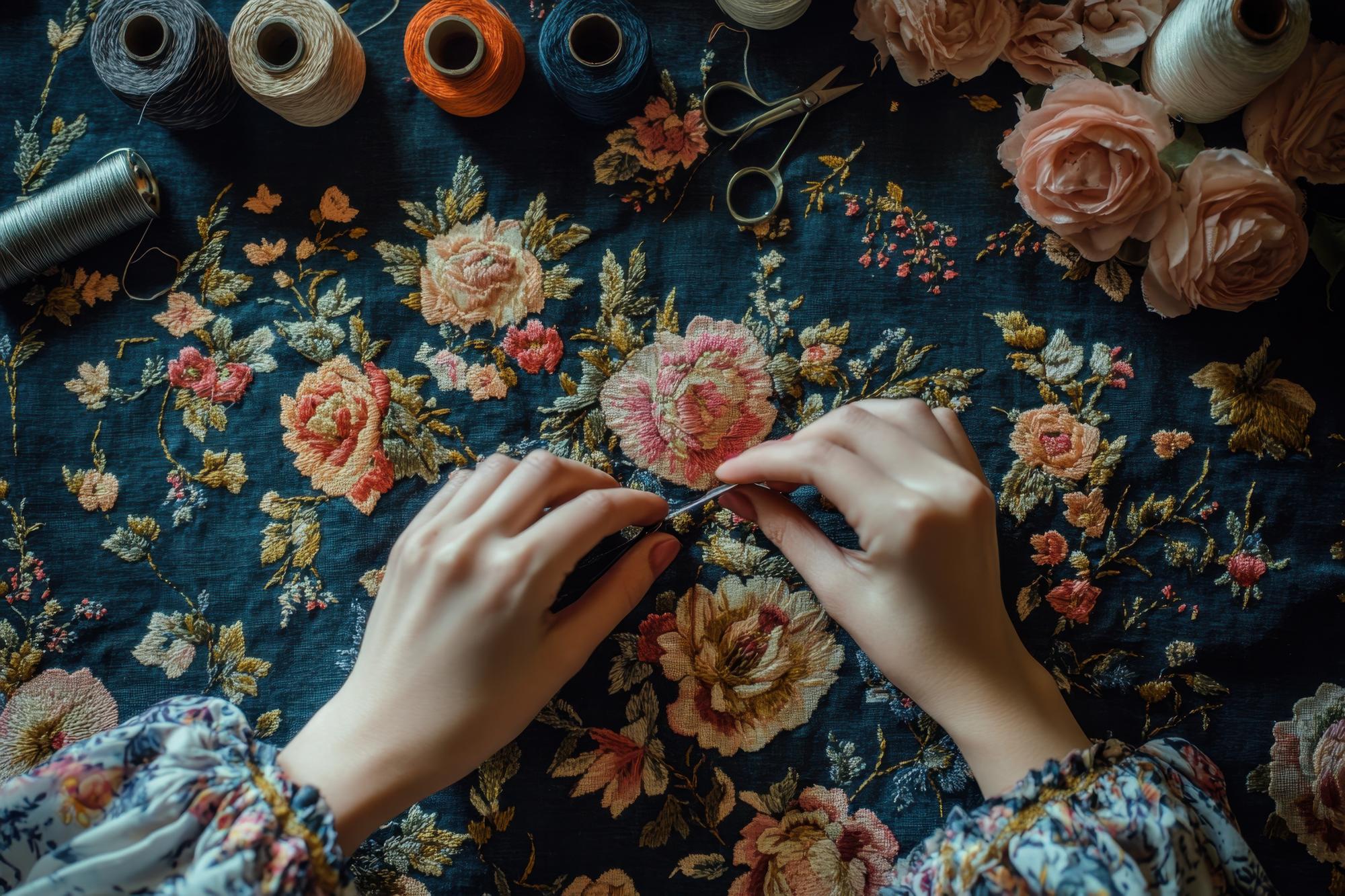 artisan hands stitching a floral motif