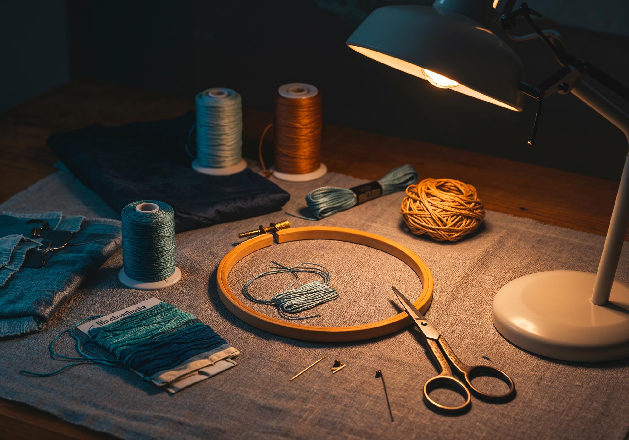 atelier workspace with embroidery hoop and silk threads